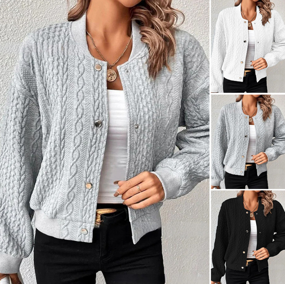 Women's Casual Jacquard Stand Collar Single-Breasted Bomber Jacket