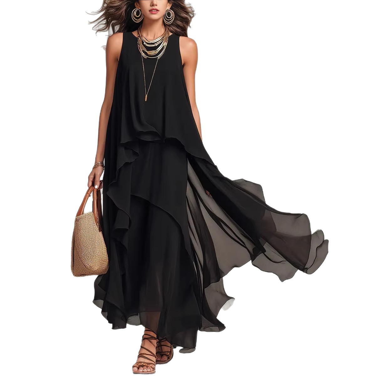Black Sleeveless Asymmetrical Flowy Maxi Dress