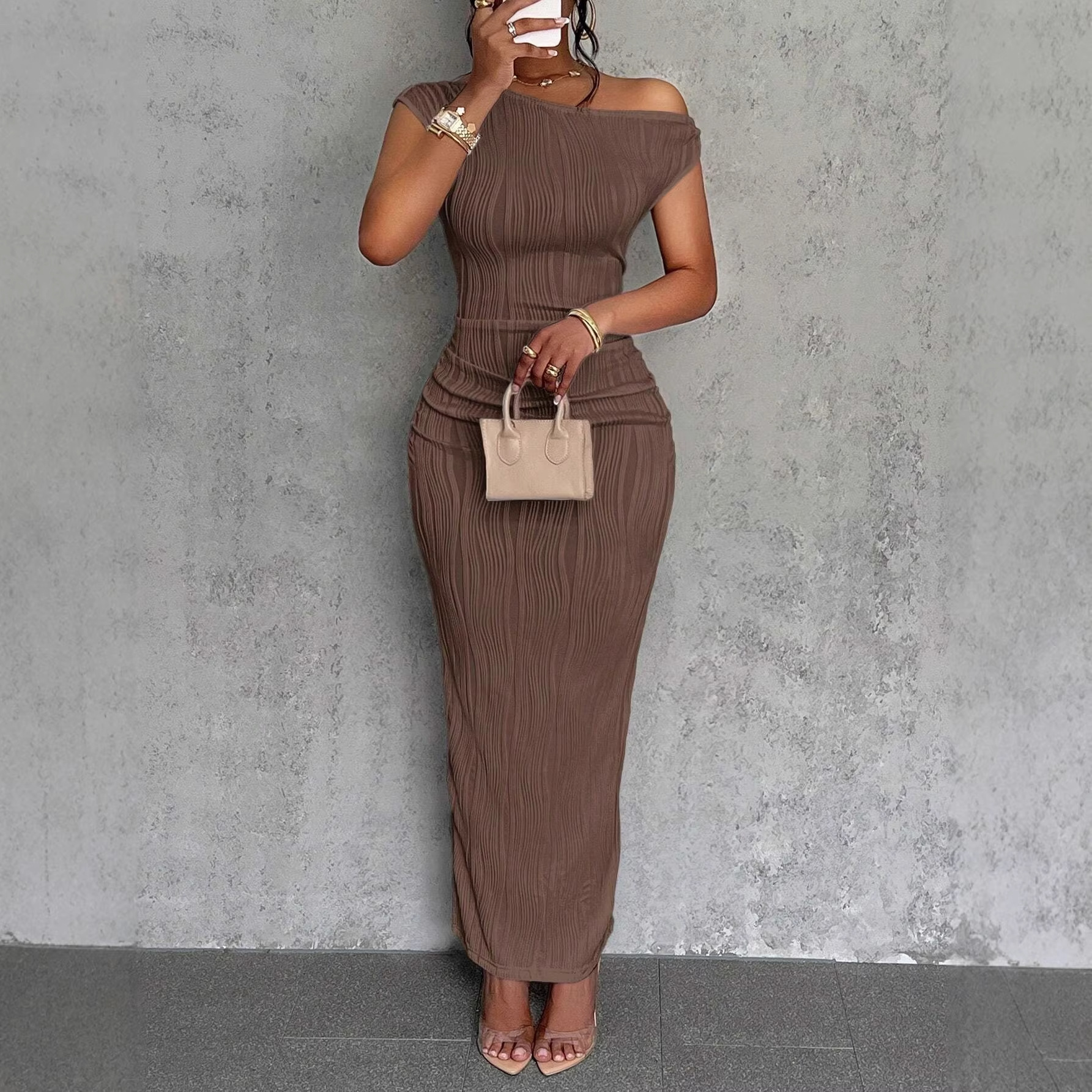 Slim Fit Elegant Water Ripple One-Shoulder Dress