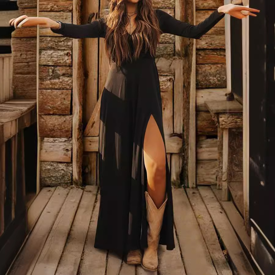 V-Neck Long Sleeve Slit Dress