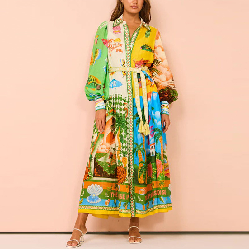 Elegant Printed Tie-Front Collared Long Sleeve A-Line Dress