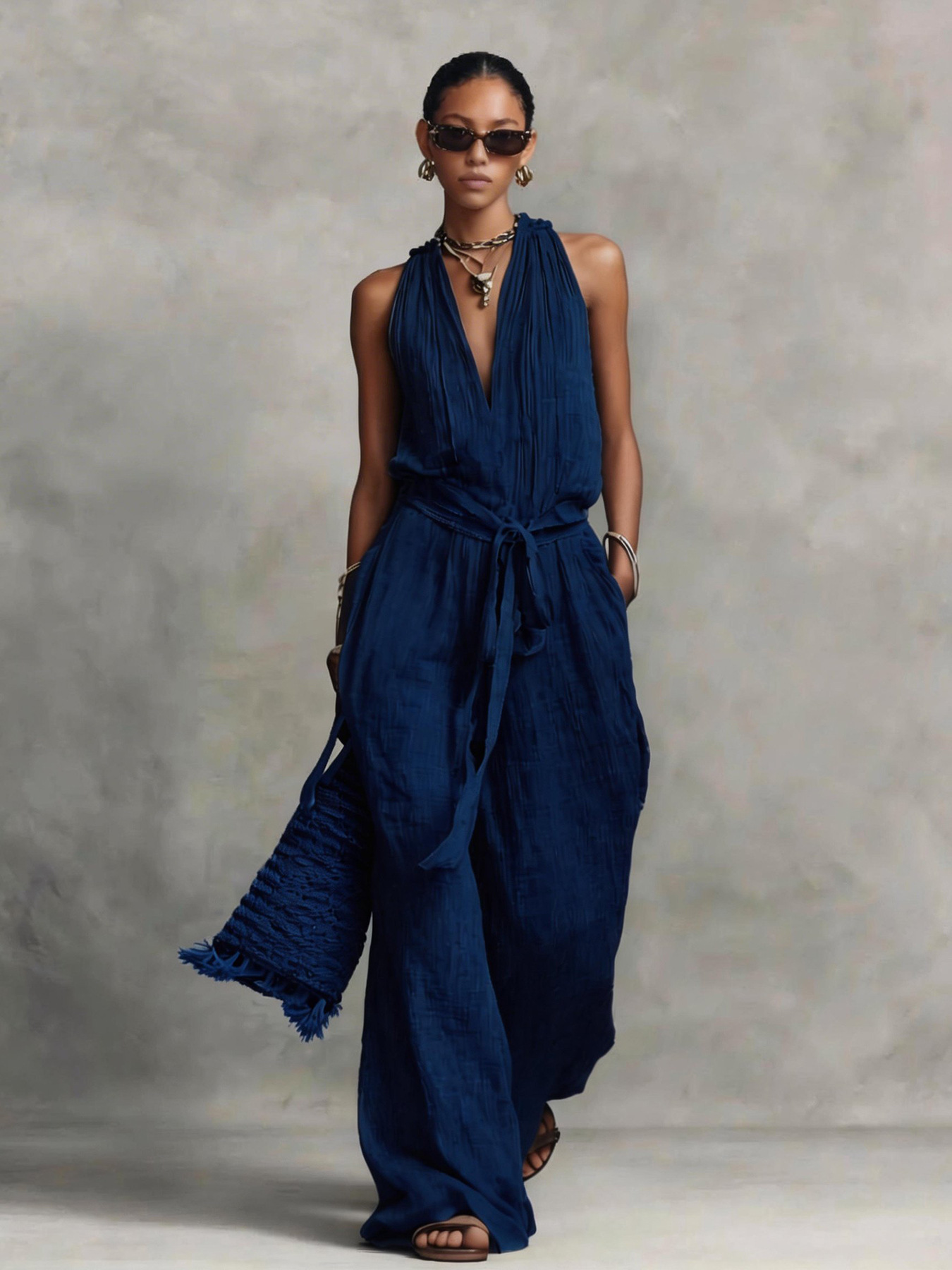 Women's Sleeveless Tie-Front Cotton-Blend Jumpsuit Casual Vacation
