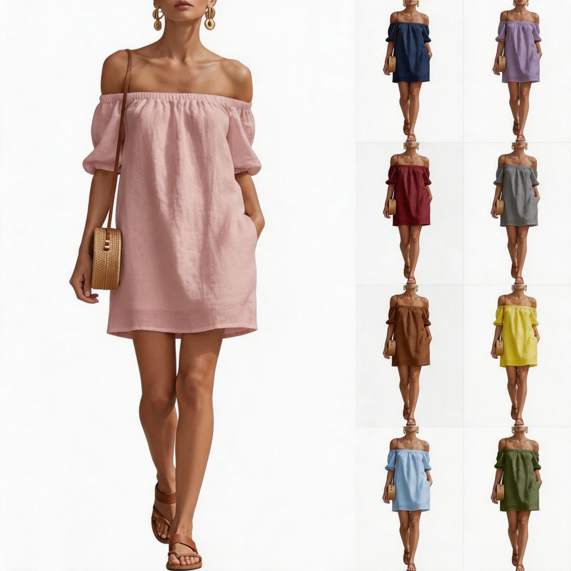 Women's Cotton-Linen Off-Shoulder Dress Solid Color Loose Fit