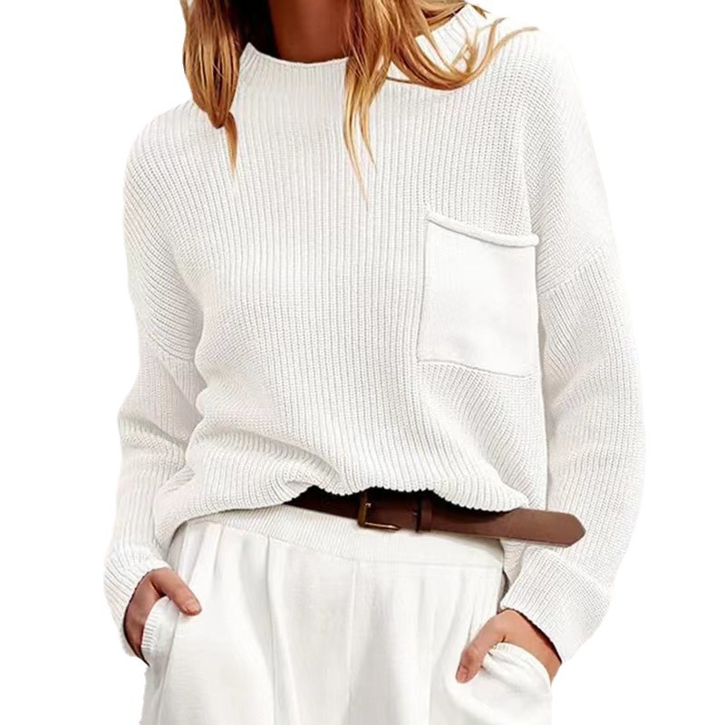 Women's Lazy Style Crewneck Long Sleeve Pocket Knit Sweater