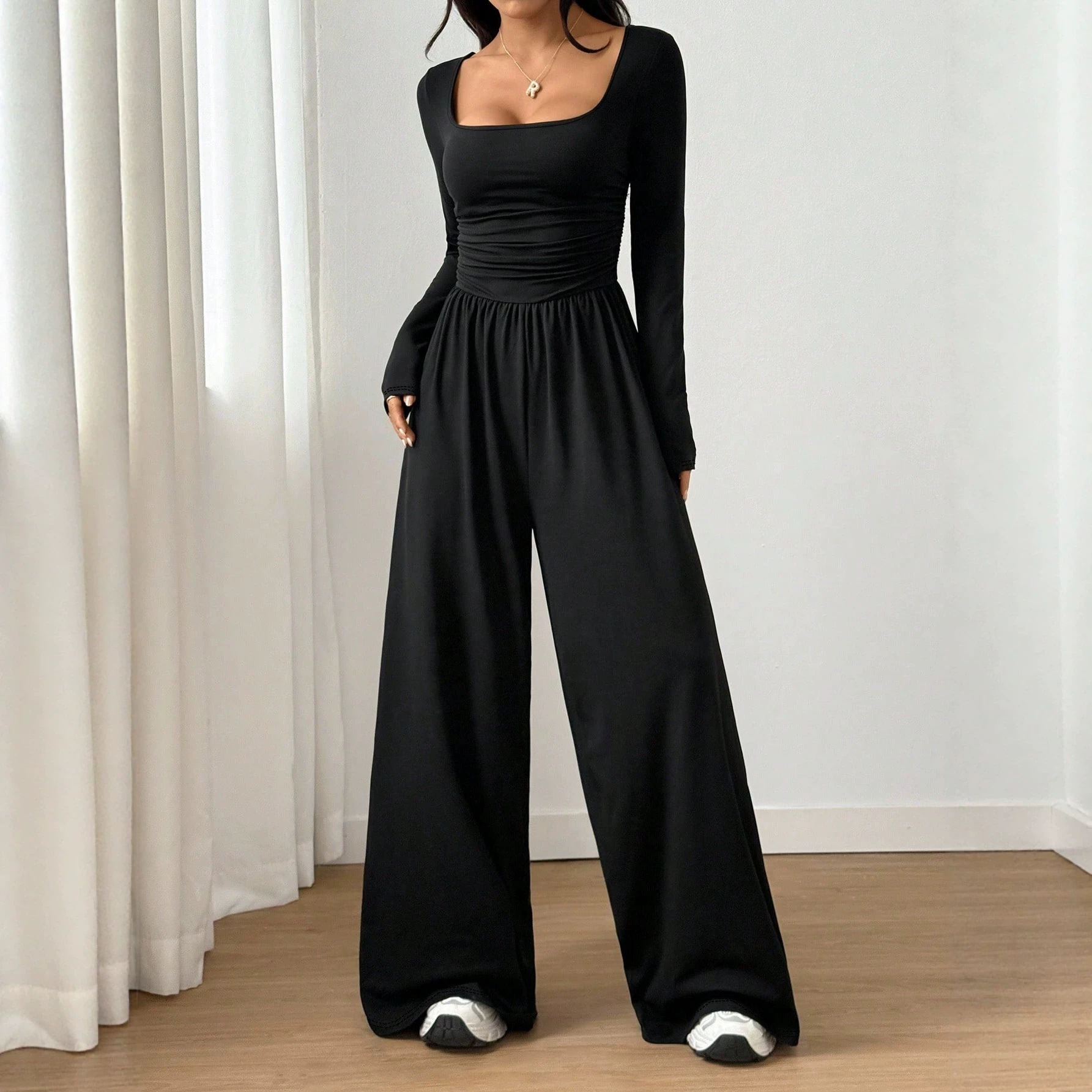 U-Neck Long-Sleeve Slimming Wide-Leg Jumpsuit