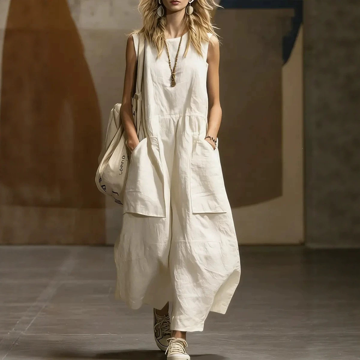 Women's Sleeveless Cotton-Linen A-Line Dress with Pockets