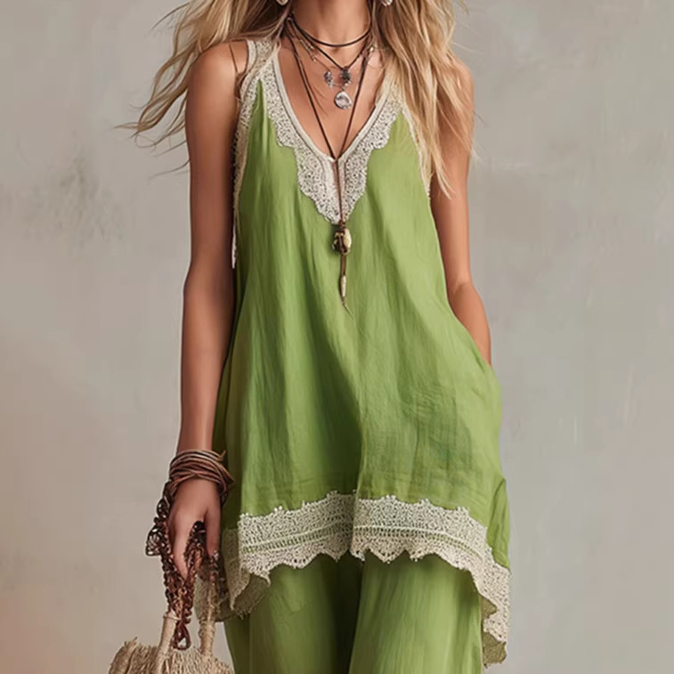 Bright Green Sleeveless Top and Wide-Leg Pants Set