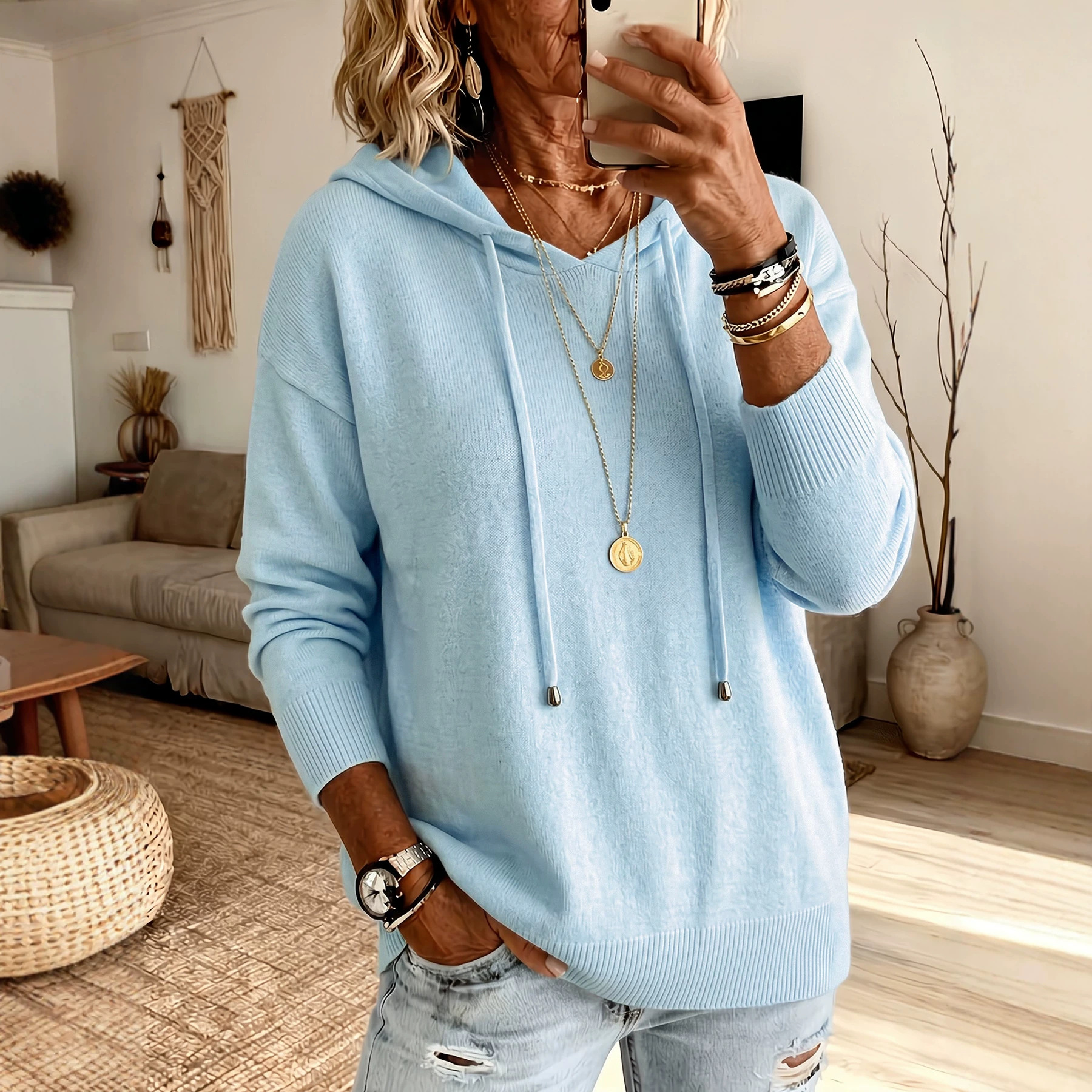 Wool-Blend Hooded Knit Sweatshirt for Women Soft Cozy Pullover