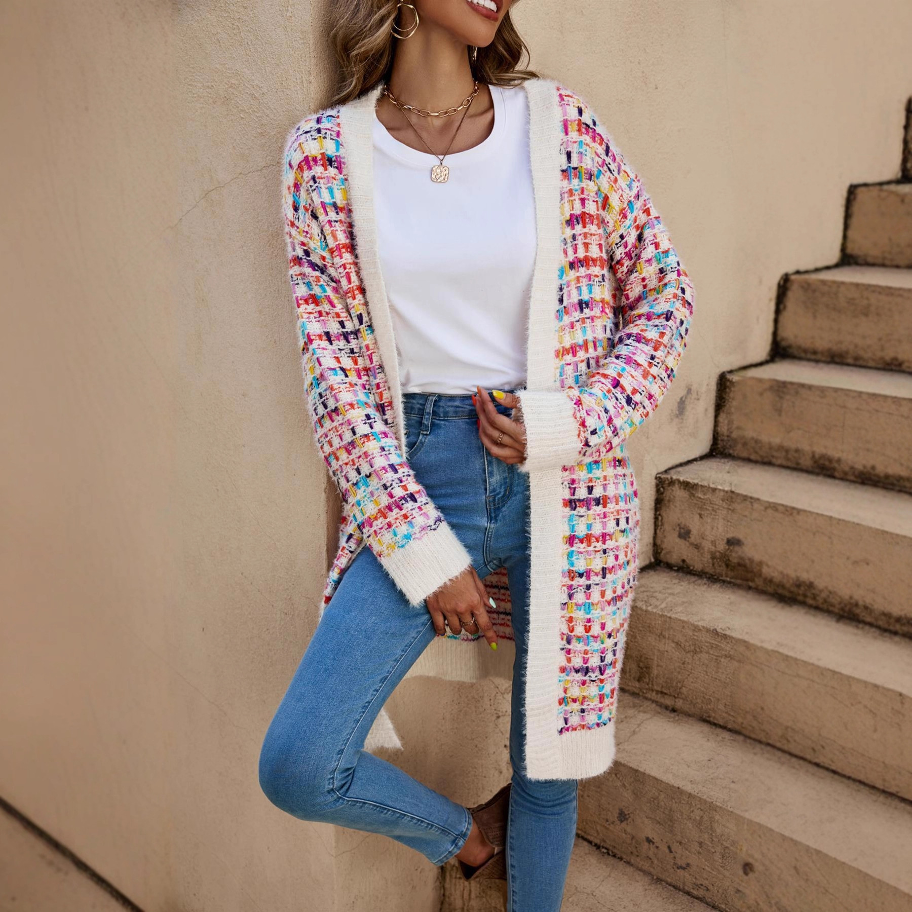 Women's Color-Block Knit Cardigan, Long Sleeve V-Neck Mid-Length Top