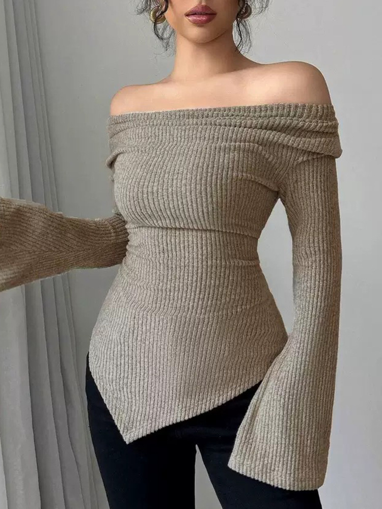 Ribbed Off-Shoulder Slim Fit Long Sleeve Knit Top