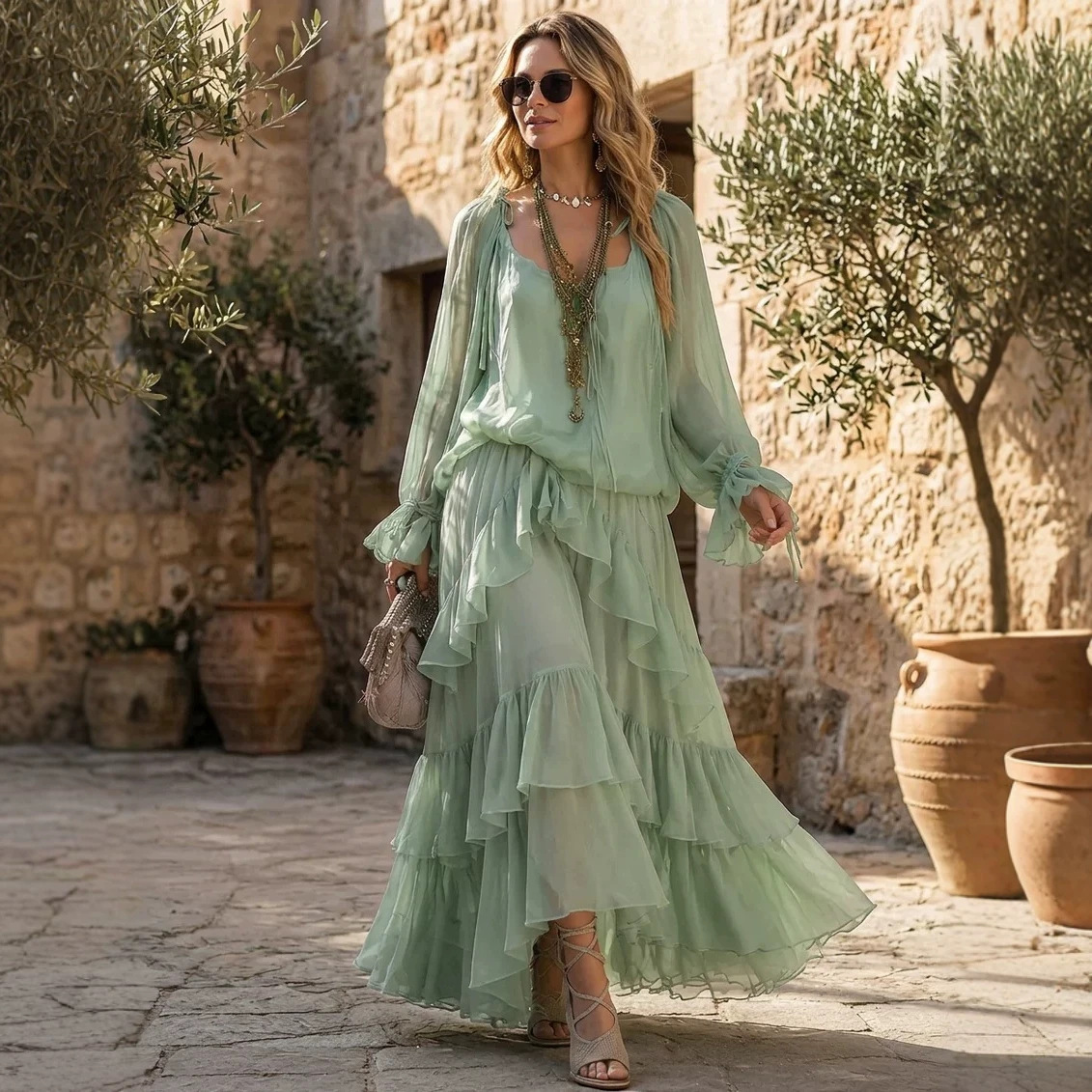 Bohemian Mint Green Chiffon Sun Protection Cardigan Cami Layered Ruffle Maxi Dress Set