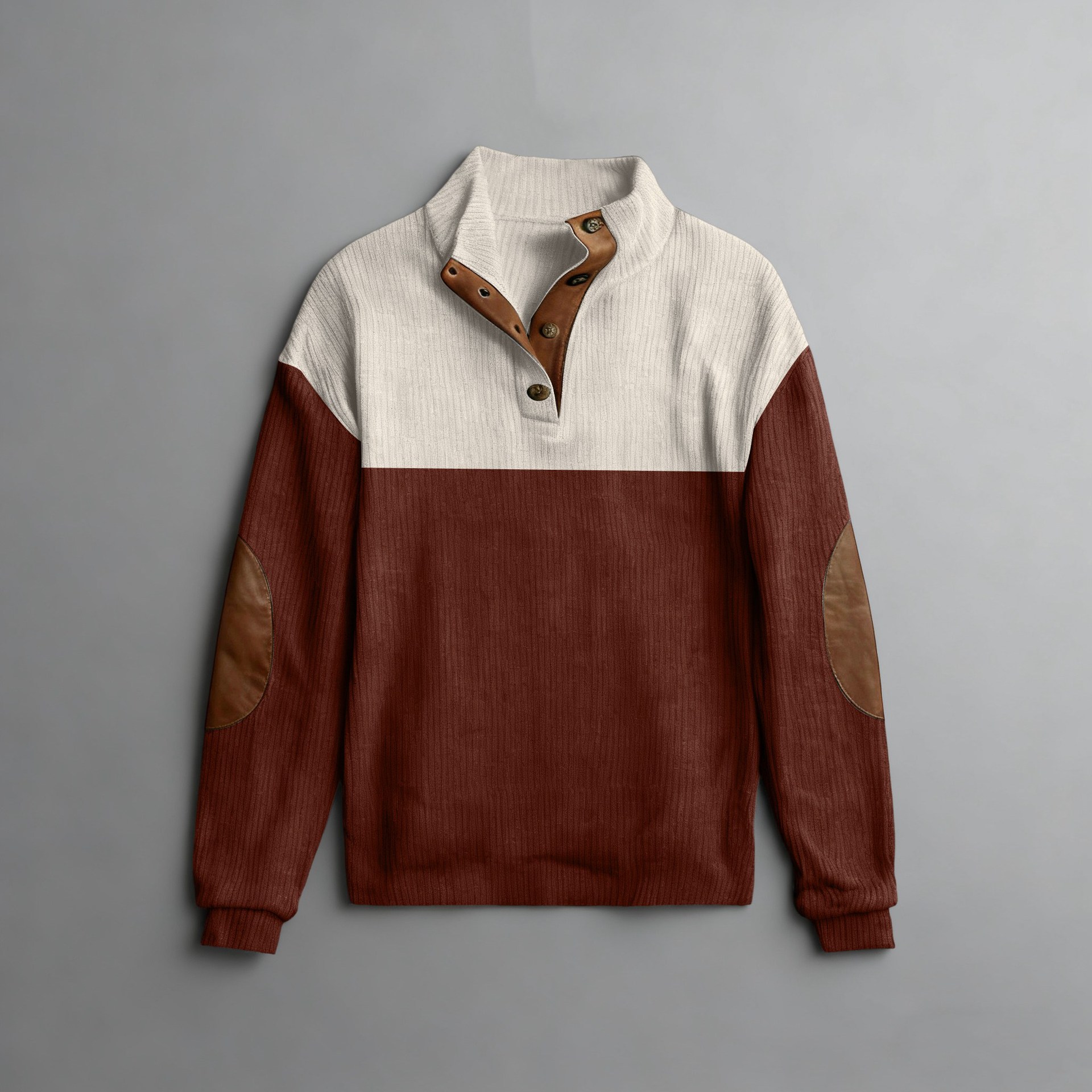 Corduroy Color-Block Pullover Hoodie with Stand Collar