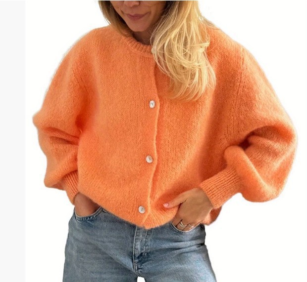 Women's Loose Knit Button-Front Cardigan Sweater Long Sleeve Crew Neck