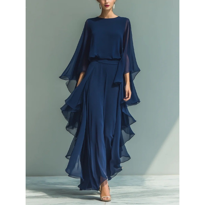 Women's Navy Chiffon Top and Straight-Leg Pants Set with Ruffle Bell Sleeves
