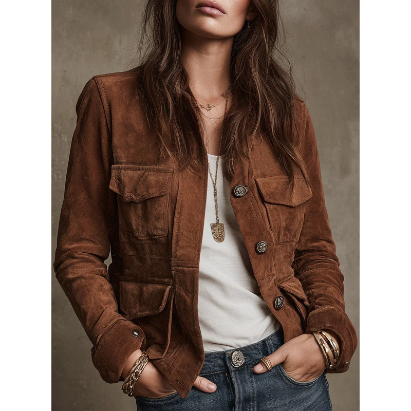 Women's Cropped Button Pocket Jacket Casual Loose Fit Solid