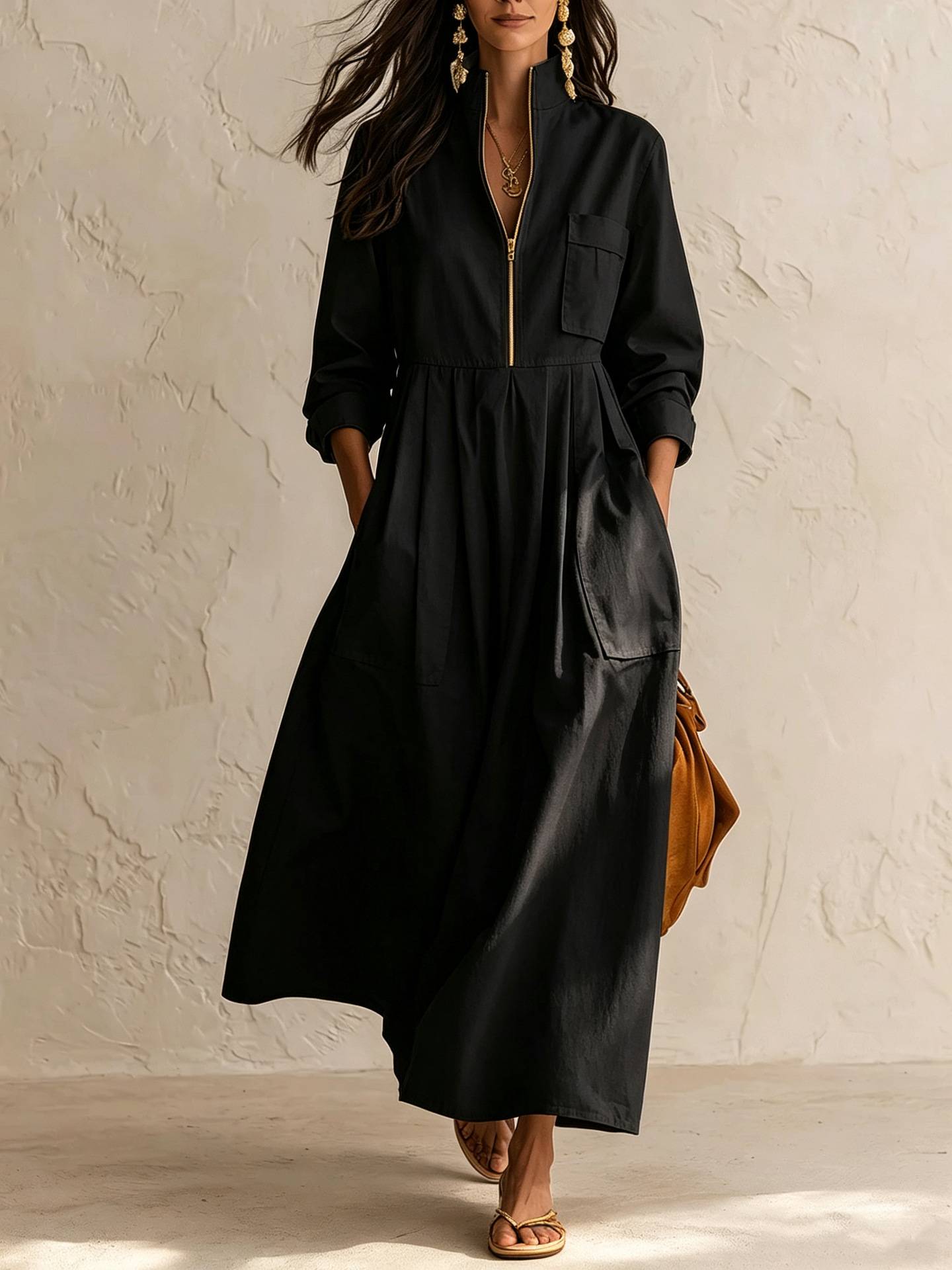 Gold Half-Zip Stand Collar Dress with Pockets Loose Pleated Maxi Long Sleeve