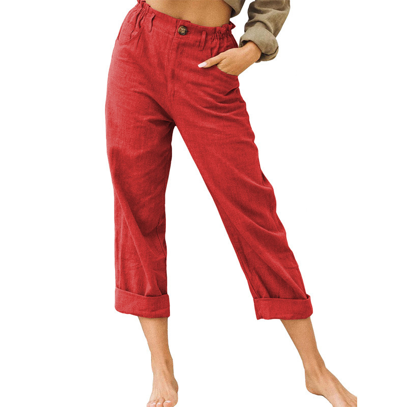 Women's Cotton-Linen High-Waist Straight-Leg Casual Pants