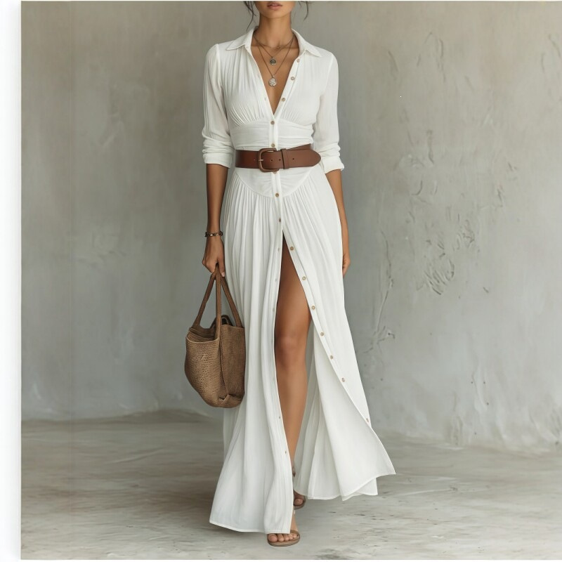 Women's Collared Long Sleeve Shirt Dress High Waist Pleated Split Long Vacation Dress with Belt