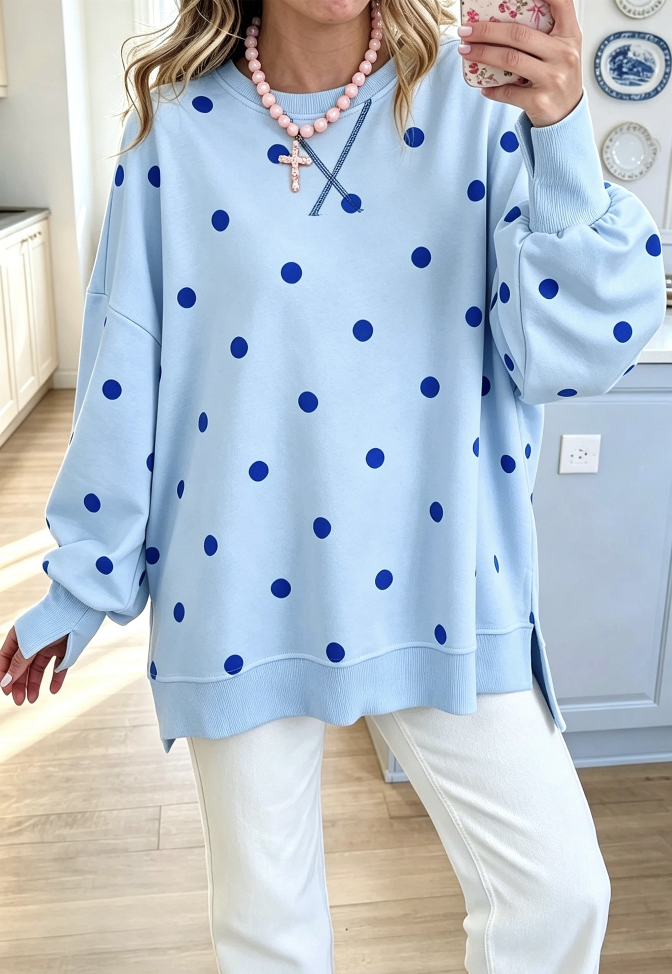Polka Dot Print Long Sleeve Pullover Sweatshirt Loose Casual Shirt