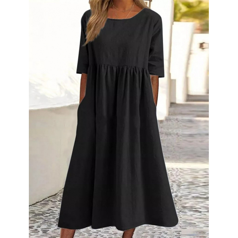 Women's Cotton Linen Round Neck Half Sleeve Loose Long Solid Dress