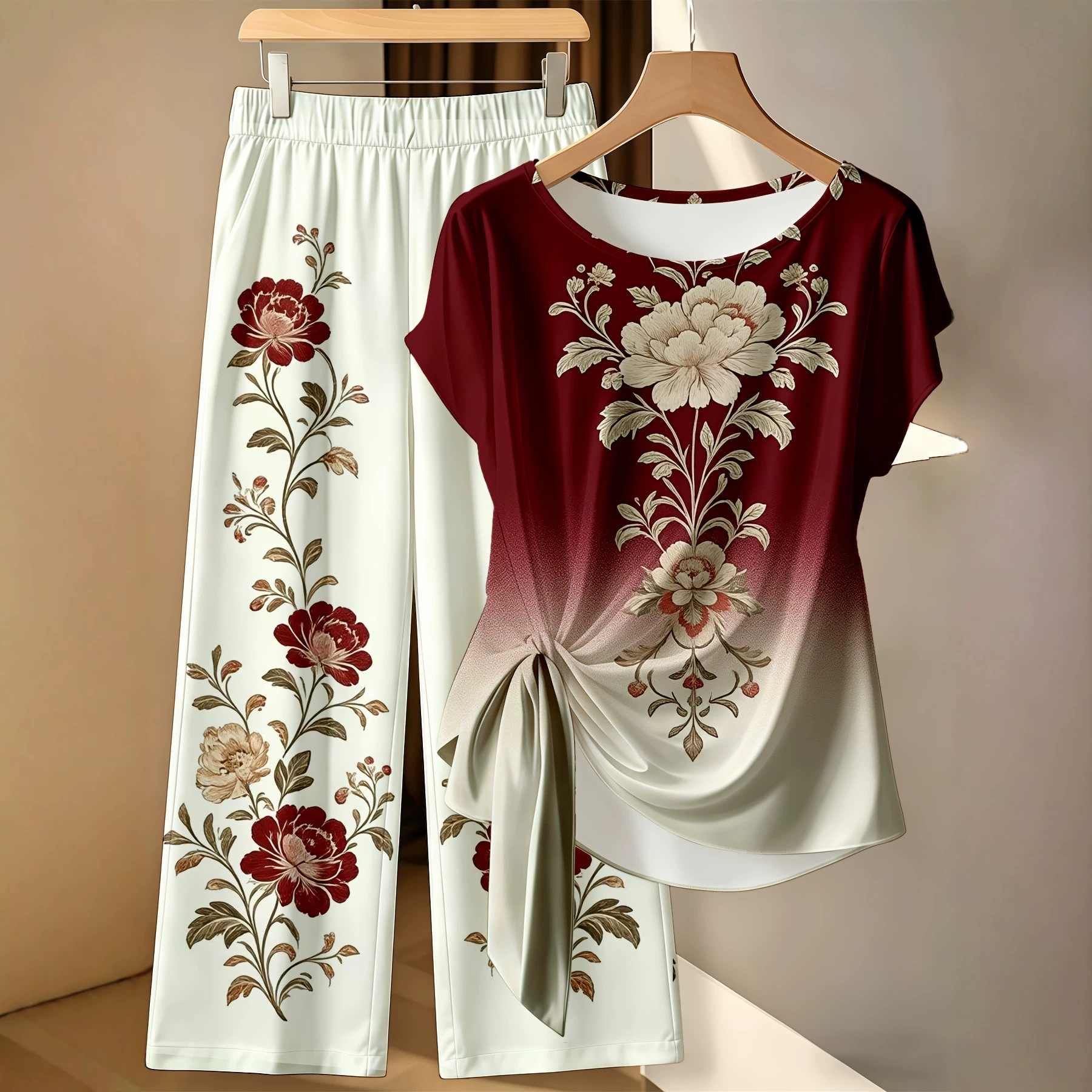 Floral Print Short Sleeve Top and Pants Set