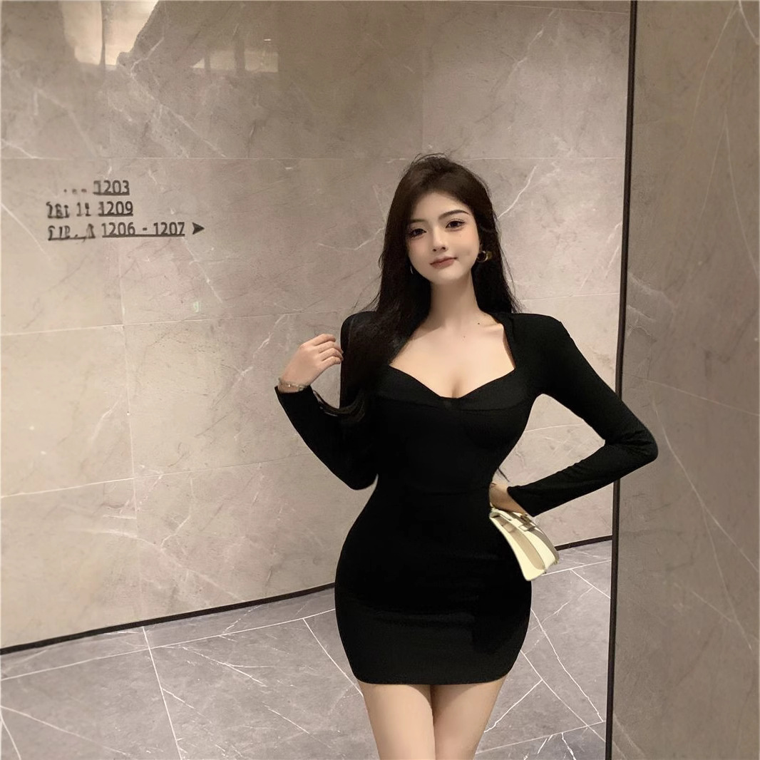 Women's Long Sleeve Bodycon Little Black Dress Square Neck Elegant Party Cocktail Dress