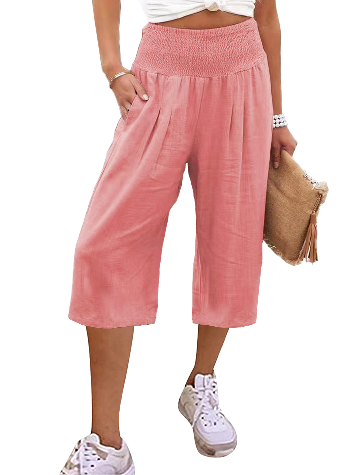 Women's Summer Smocked Wide-Leg Capri Pants Casual Loose Fit