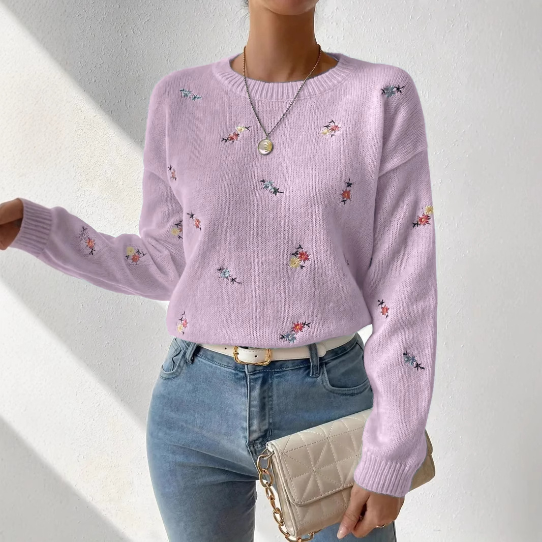 Korean-Style Soft Knit Round-Neck Pullover Sweater Loose Floral Embroidered Top