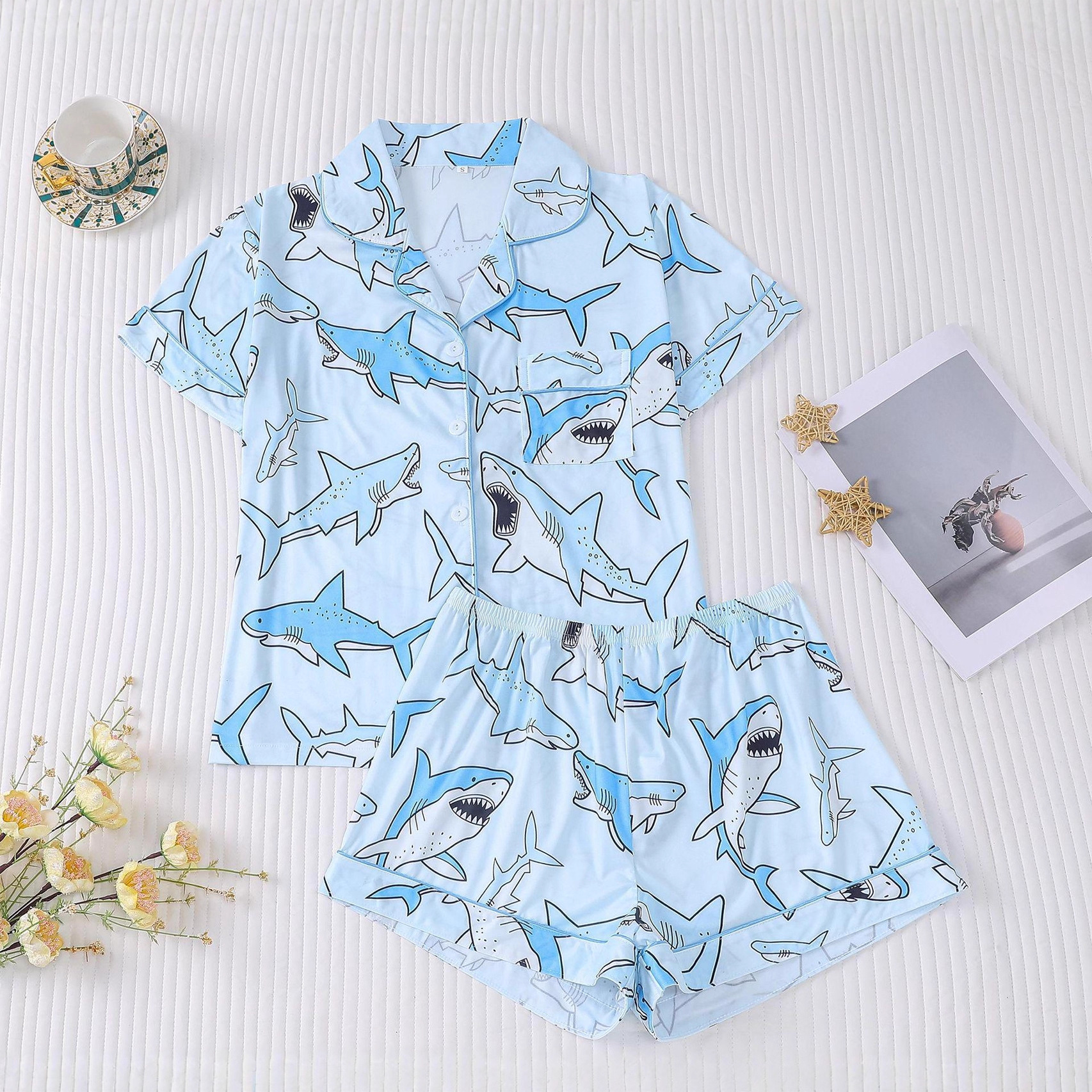 Women's Cuban Collar Shark Print Short Sleeve Shirt Set