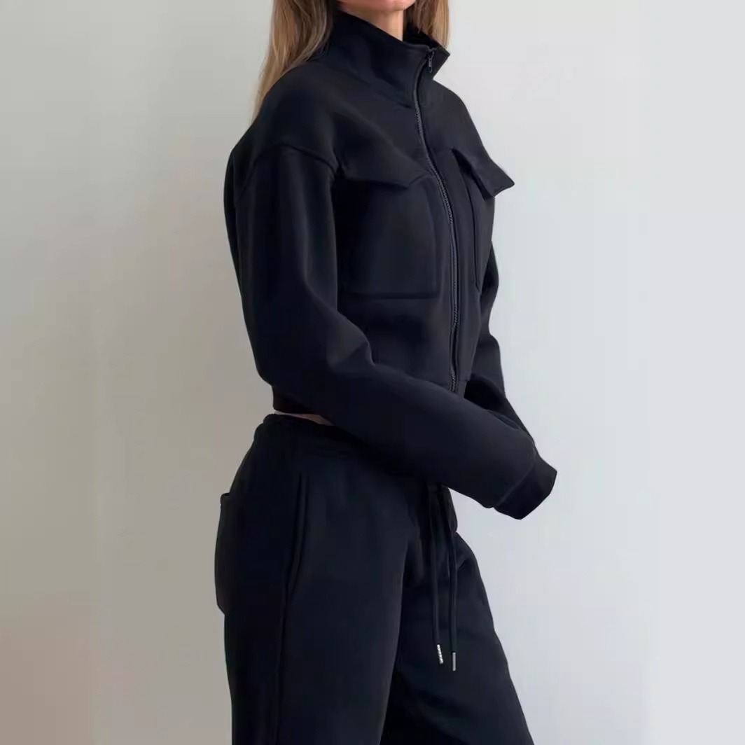 Women's Casual Two-Piece Set Zip-Up Cropped Hoodie and Pants