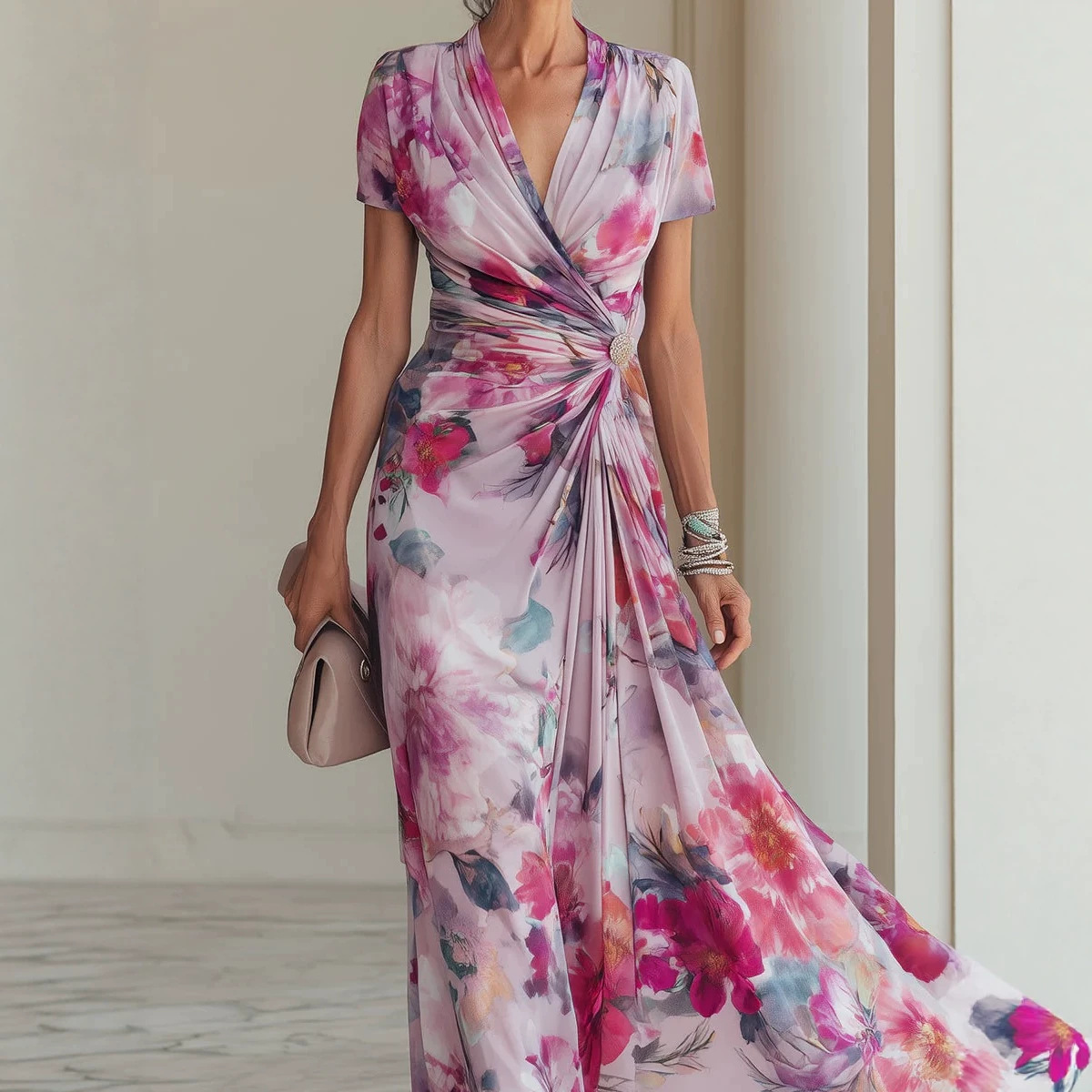 French V-Neck Short Sleeve Watercolor Floral Midi Dress with Twist Waist