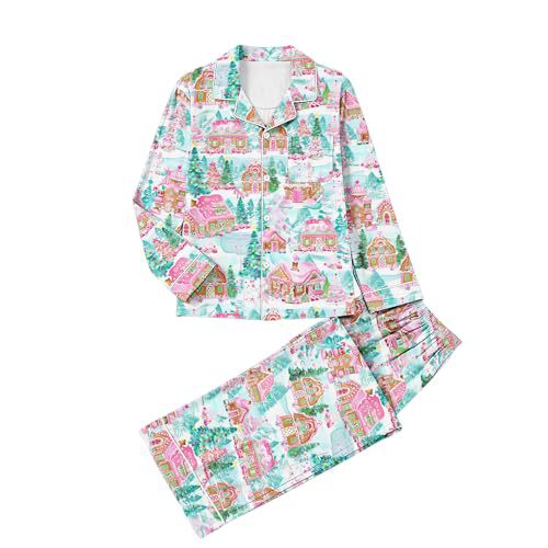 Women's Cuban Collar Christmas Snowflake Print Long Sleeve Shirt Set