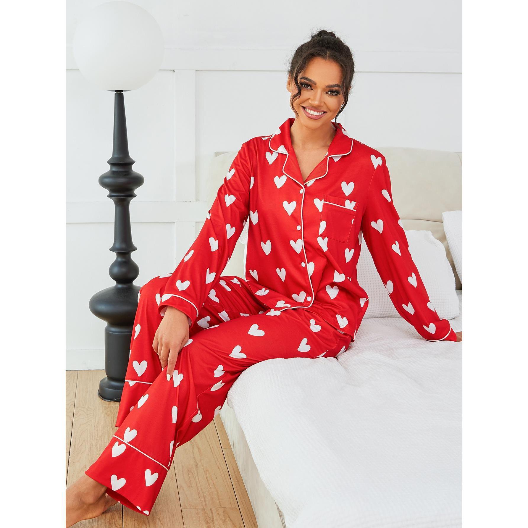 Women's Cuban Collar Polka Dot Heart Print Long Sleeve Loungewear Set
