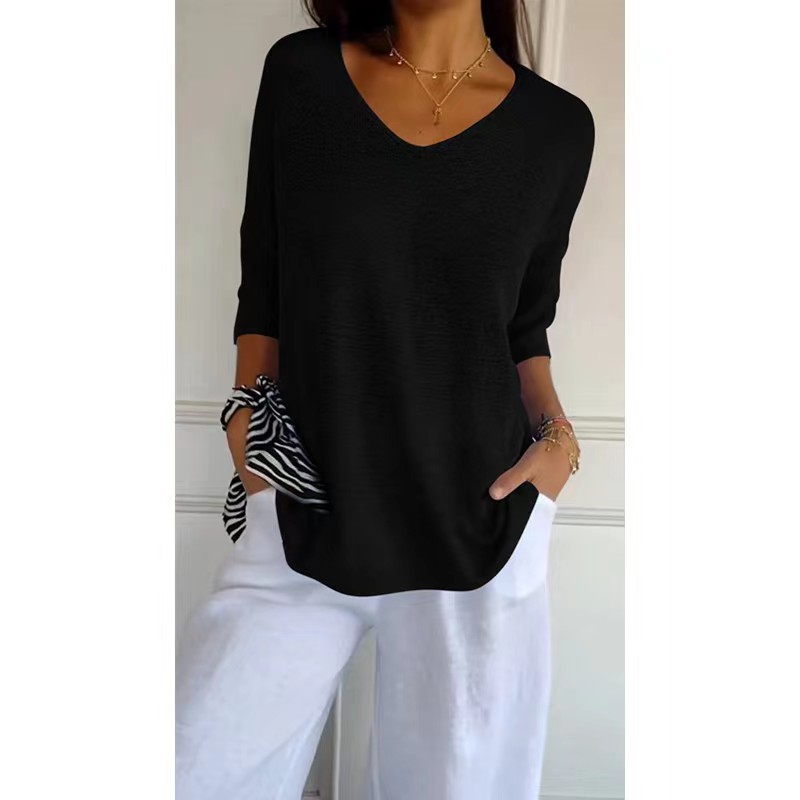 Women's V-Neck Knit Sweater Slimming Solid Color Pullover