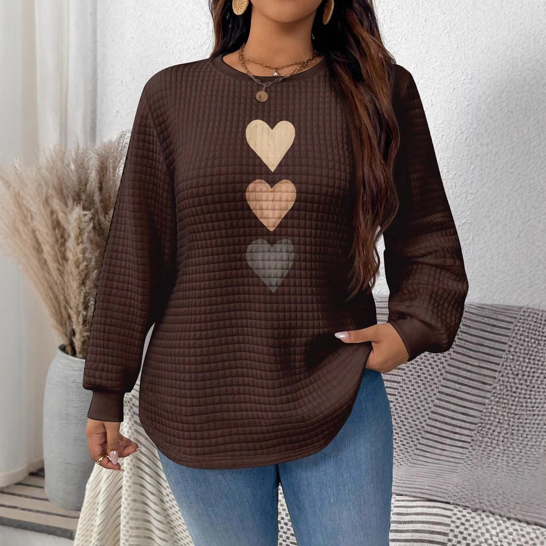 Waffle Knit Heart Print Crewneck Sweatshirt for Women