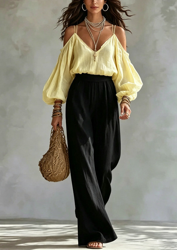 V-Neck Cold-Shoulder Long-Sleeve Solid Top & High-Waist Black Wide-Leg Pants Women's Two-Piece Set