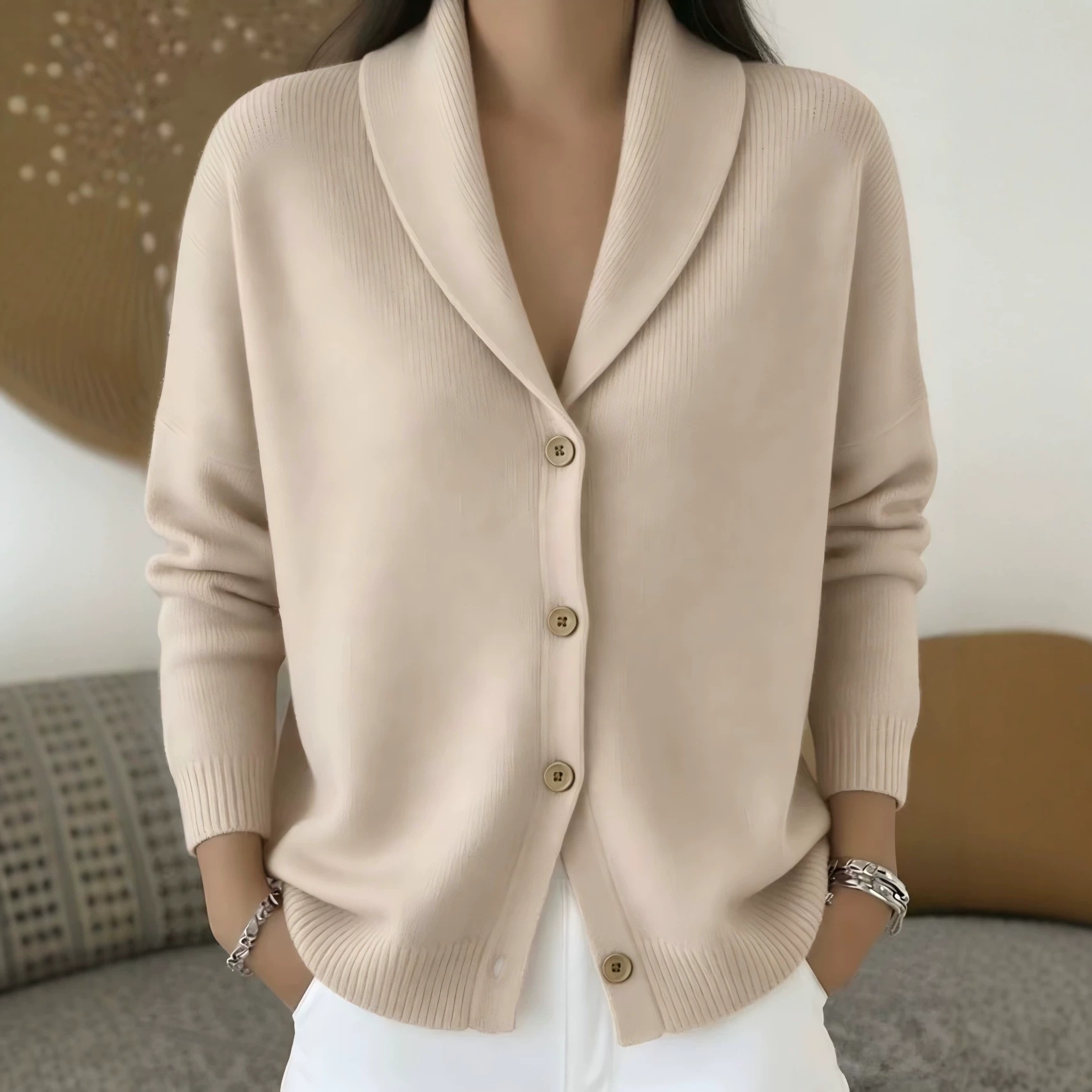 Button-Front Knit Cardigan Sweater with Collar, Solid Color, Casual