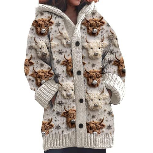 Women's Cartoon Cow Print Hooded Button Cardigan Sweater
