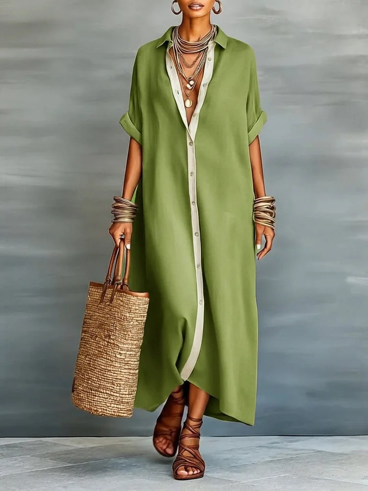 Elegant Button Contrast Collar Cotton-Linen Shirt Dress