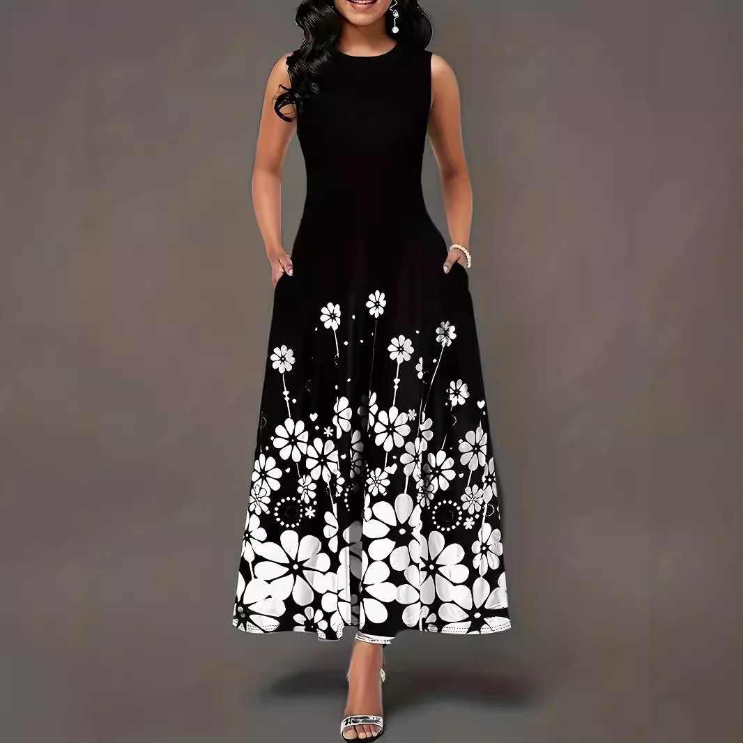 Women's Sleeveless Floral Print Loose Round Neck Casual Dress