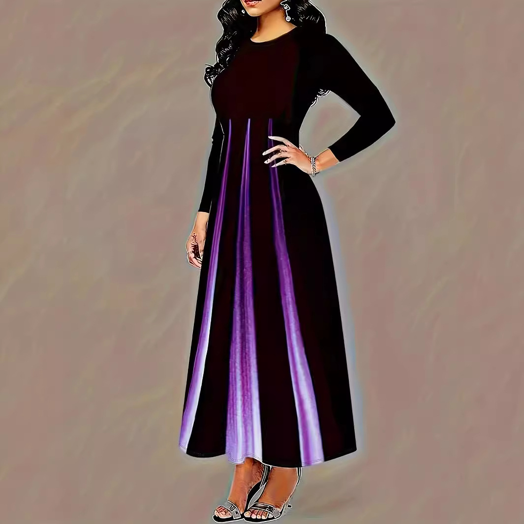 A-Line Long Sleeve Round Neck Gradient Print Midi Dress