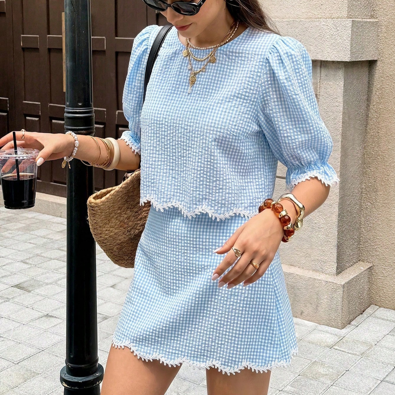 Sweet Plaid Two-Piece Set with Lace Asymmetrical Hem Skirt