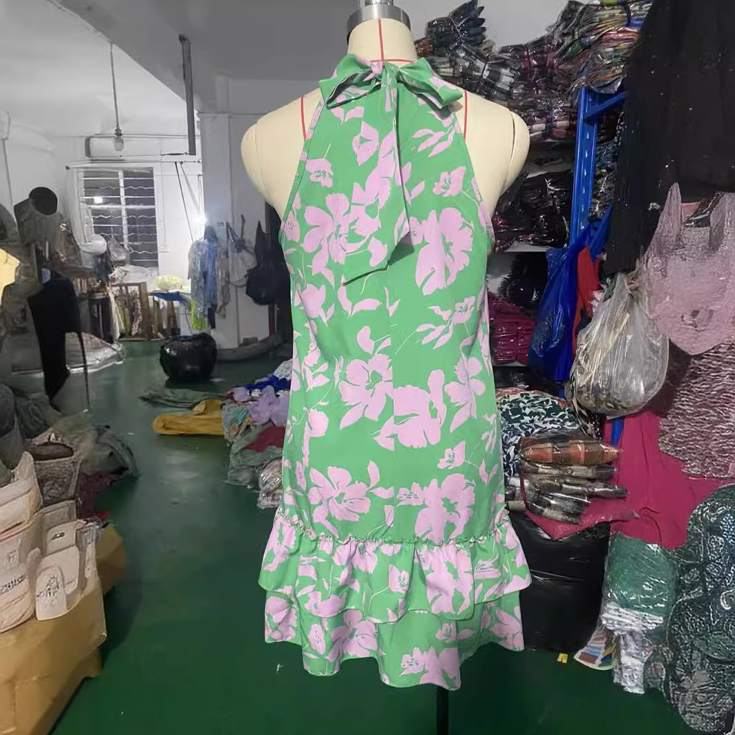 Sexy Halter Ruffle Print Sleeveless Midi Dress