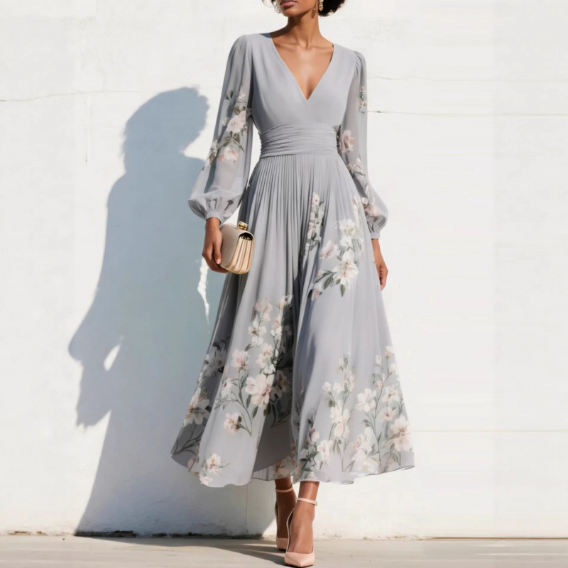 Floral Print Long Sleeve V-Neck Pleated Maxi Dress