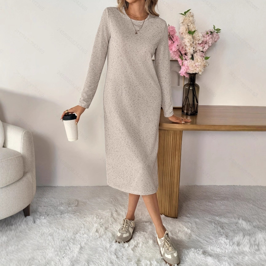 Women's Casual Slit Long Sleeve Knit Midi Dress Beige