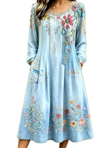 Women's Bohemian Floral Print Pleated Long Sleeve Midi Dress