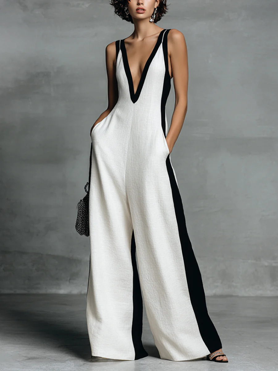 Women's Black and White Cotton-Linen Colorblock Spaghetti Strap Jumpsuit