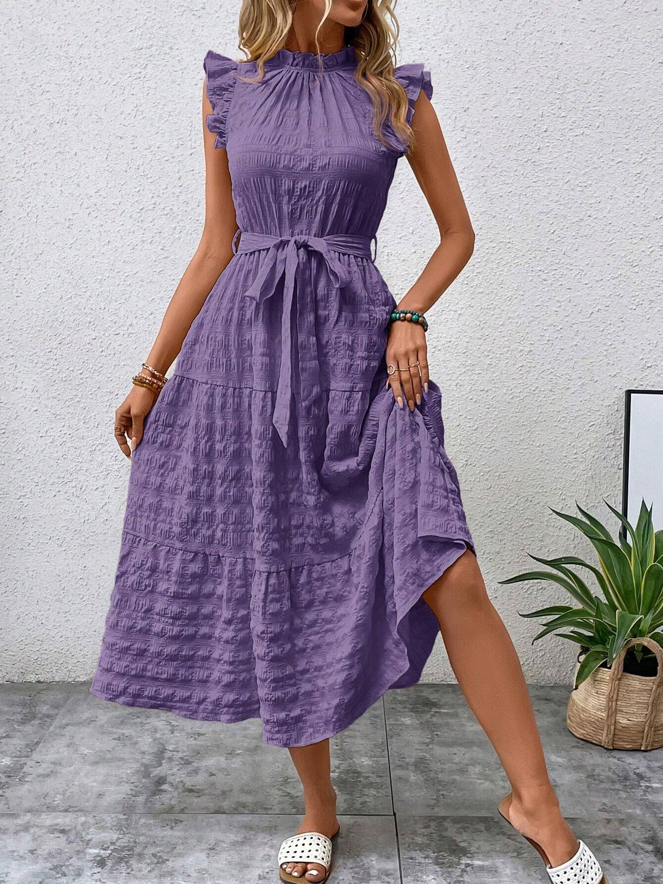 Women's Summer Ruffle Trim Flutter Sleeve Tie Textured Dress