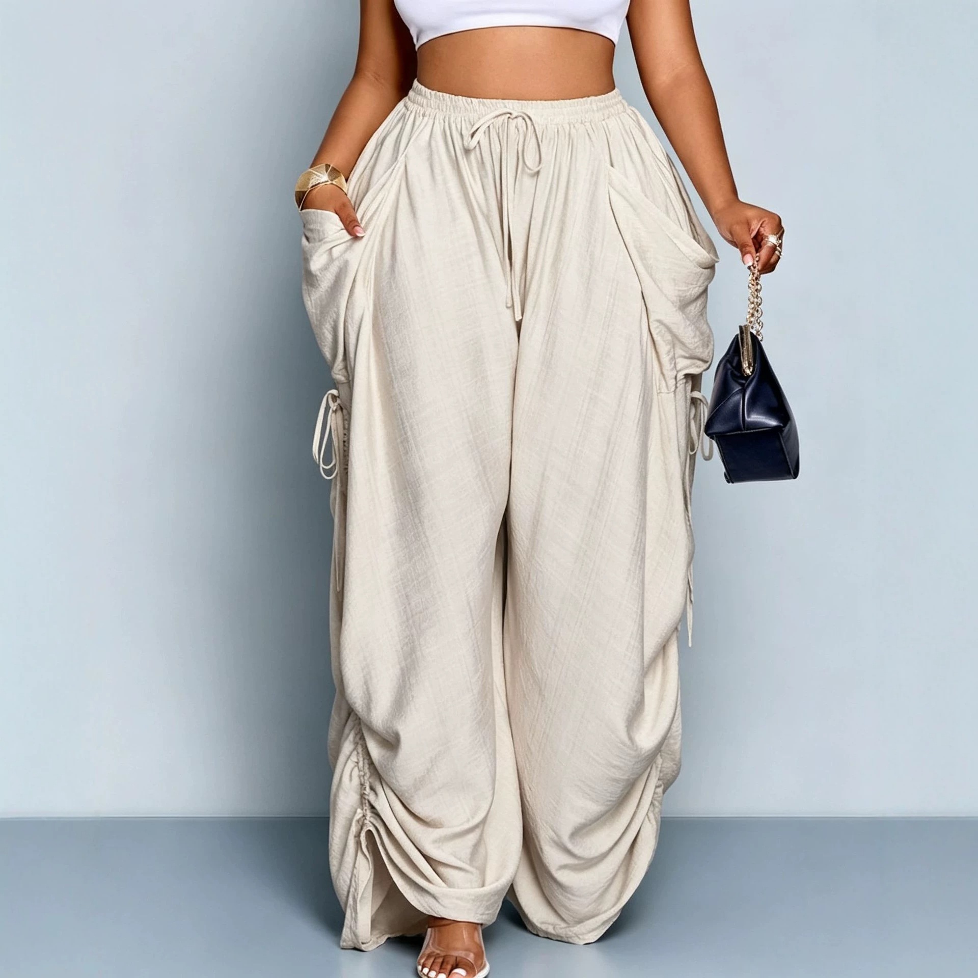 Women's High-Waist Harem Pants Cotton-Linen Drawstring Pockets Plus Size
