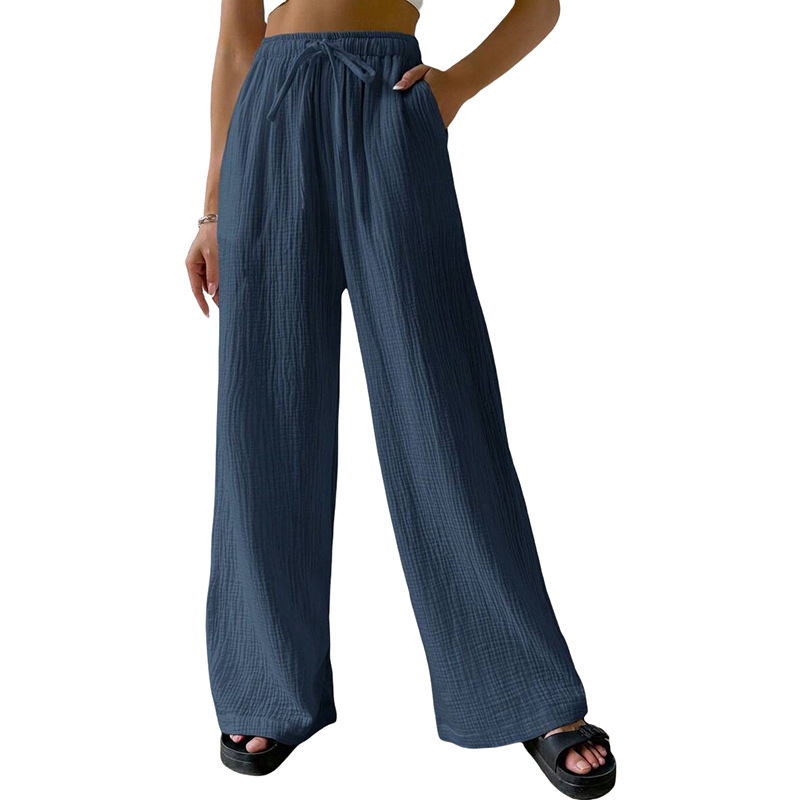 Cotton-Linen Crinkled Wide-Leg Lounge Pants for Women, Loose Solid Color